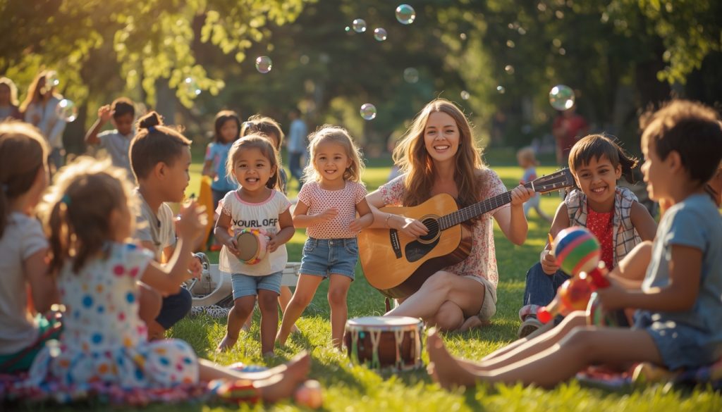 teacher sitting on lawn outdoors teaching languiage through music